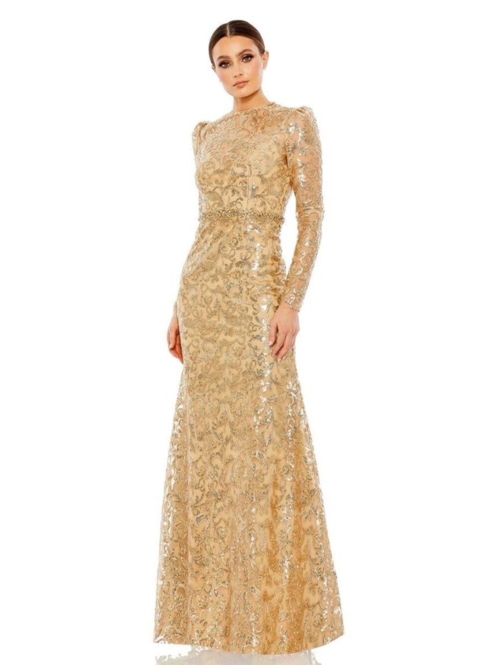 Mac Duggal Size 0 Gold 68011 Evening Dress Gown Sequins Beaded Long Sleeve NWT